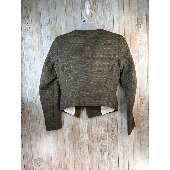 H&M Moto Jacket Womens 2 Olive Green Tweed Asymmetrical Zip Cropped Blazer - Picture 4 of 7